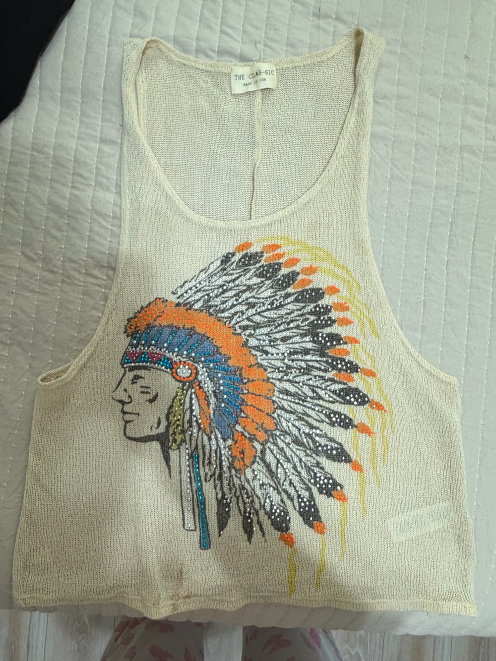 The Classic Cream Bandeau Tank with Colorful Feather Headdress Print